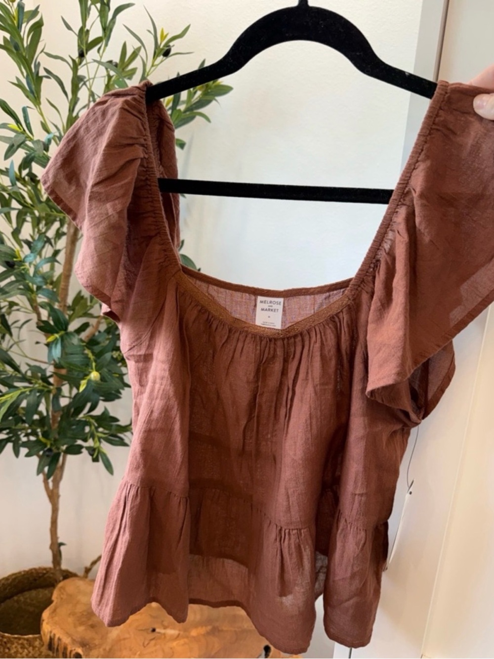 Melrose and Market Rust Brown Ruffled Square-Neck Tunic